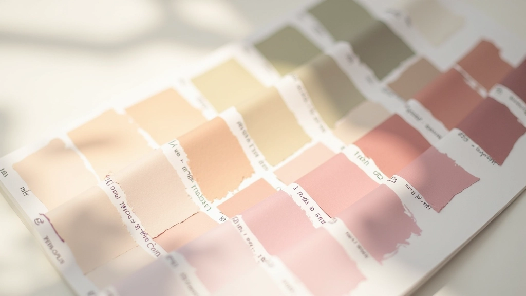 Palette de couleurs complémentaires avec teintes désaturées, disposition sur surface moderne