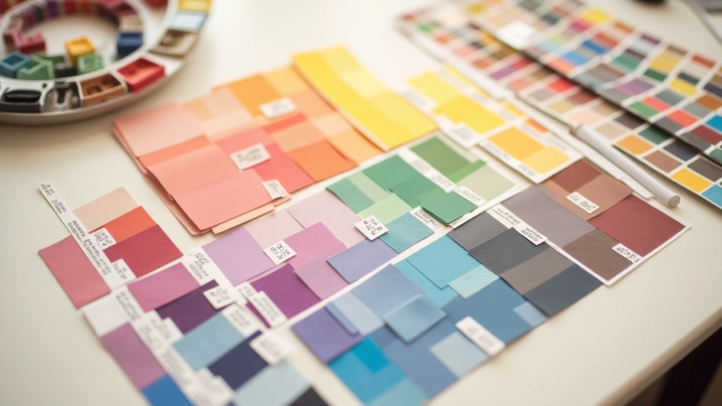 Palette de couleurs avec swatch de teintes harmonieuses, vue de dessus sur surface neutre