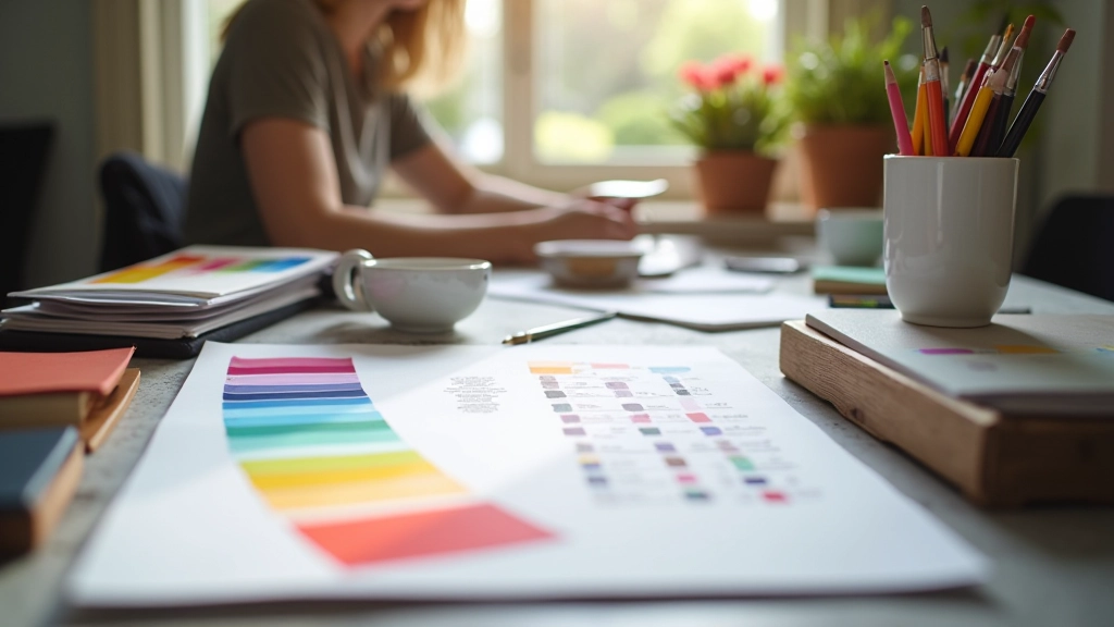 Espace de travail créatif avec palette de couleurs, nuanciers et outils de design chromathérapie