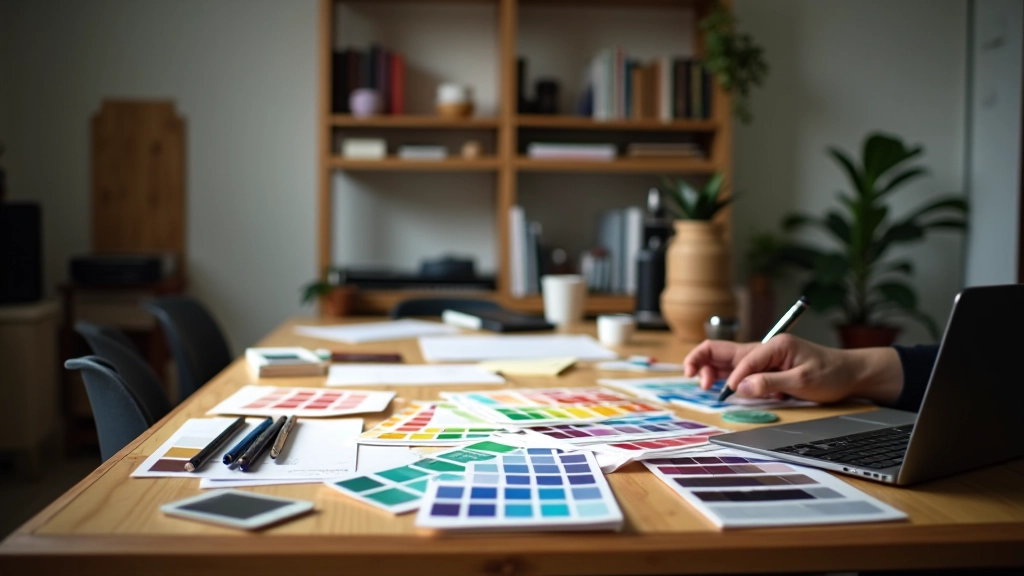 Espace de travail créatif avec palette de couleurs et outils de design